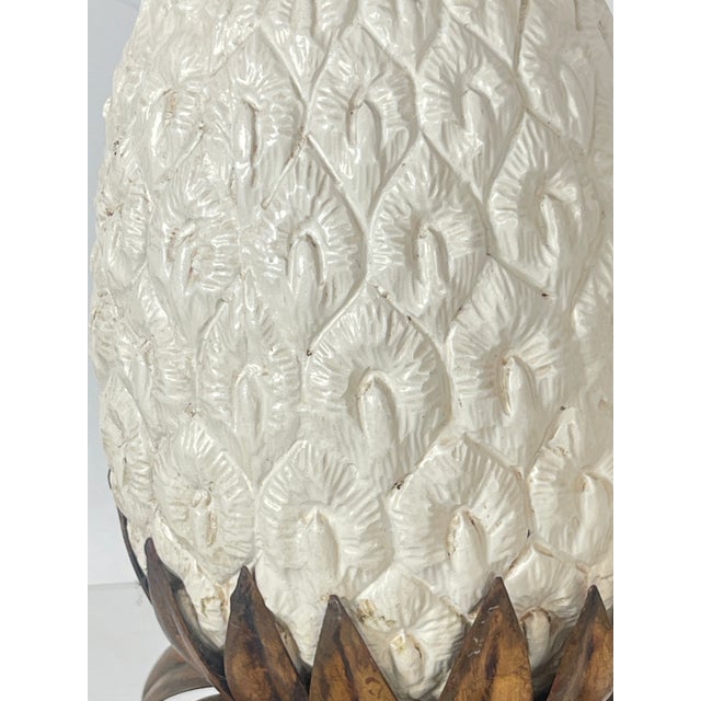 Pair Italian Gilt Metal & Ceramic Pineapple Table Lamps , 1950s For Sale - Image 9 of 15