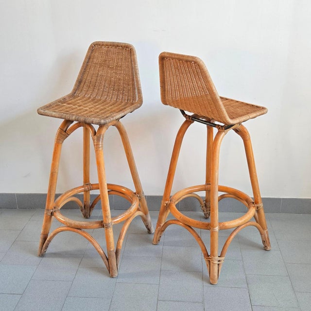 Vintage Rattan and Bamboo Bar Stools by Dirk van Sliedgert, 1950s, Set of 2 For Sale - Image 14 of 15