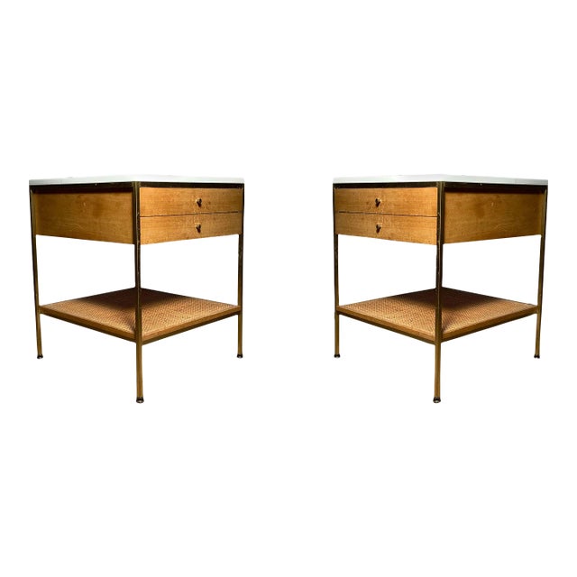 Vintage Paul McCobb Calvin Milk Glass and Cane End Tables - A Pair For Sale