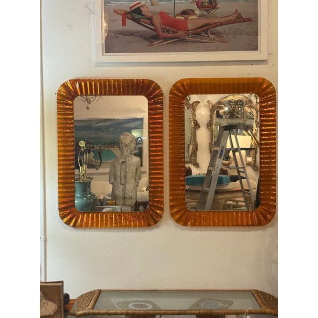 Vintage Italian Glass Pair of Orange Scalloped Wavy Wall Mirrors by Linea Vetro For Sale - Image 14 of 16