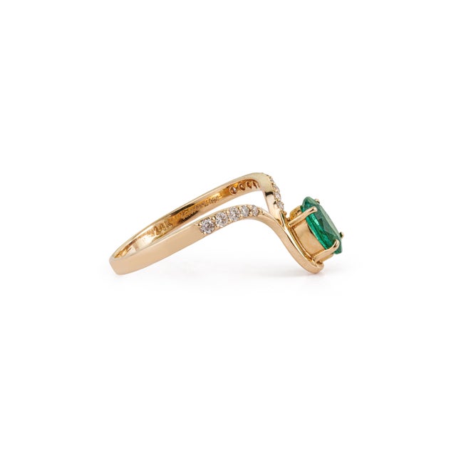 Metal Handmade 14k Yellow Gold Natural Oval Emerald Diamond Bypass Ring Size 5 For Sale - Image 7 of 17