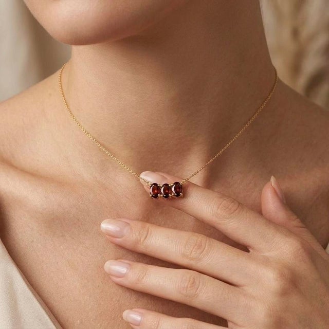 Contemporary Natural Red Garnet 3 Stone Necklace | 18k Gold Plated January Birthstone Bar Necklace | Dainty Gemstone Choker Layering Minimalist Necklace For Sale - Image 3 of 3