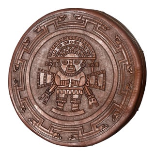 Vintage Brown Tooled Saddle Leather Peruvian Ottoman Hassock With Handle For Sale