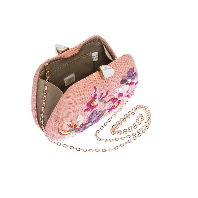Contemporary Rafe Tamu Floral Embroidered Raffia Bean Clutch in Pink For Sale - Image 3 of 4