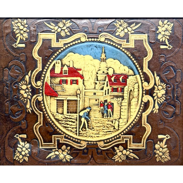 Late 19th Century Antique Framed Embossed Colonial Philadelphia Village Scene Leather Panel For Sale - Image 5 of 14