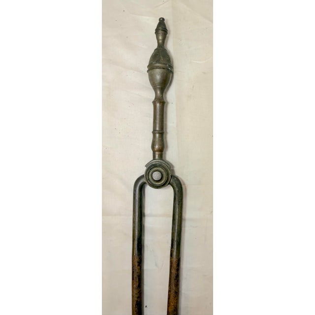 Antique 18th Century Wrought Iron Turned Brass English Fireplace Tongs Tool 10 For Sale - Image 4 of 11
