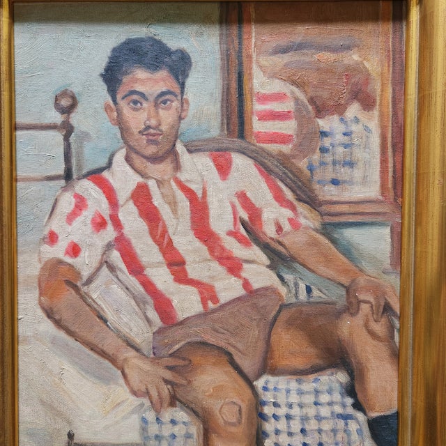 A really well painted portrait of an English soccer player. Original frame. Unsigned