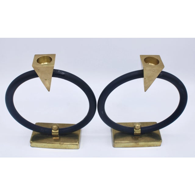 Black Vintage Mid Century Modern Brass Circular Candlesticks For Sale - Image 8 of 12