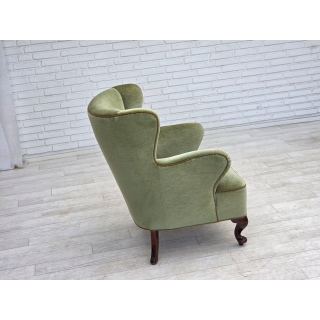 Green Scandinavian Armchair in Green Furniture Velour and Oak Wood Legs, 1960s For Sale - Image 8 of 18