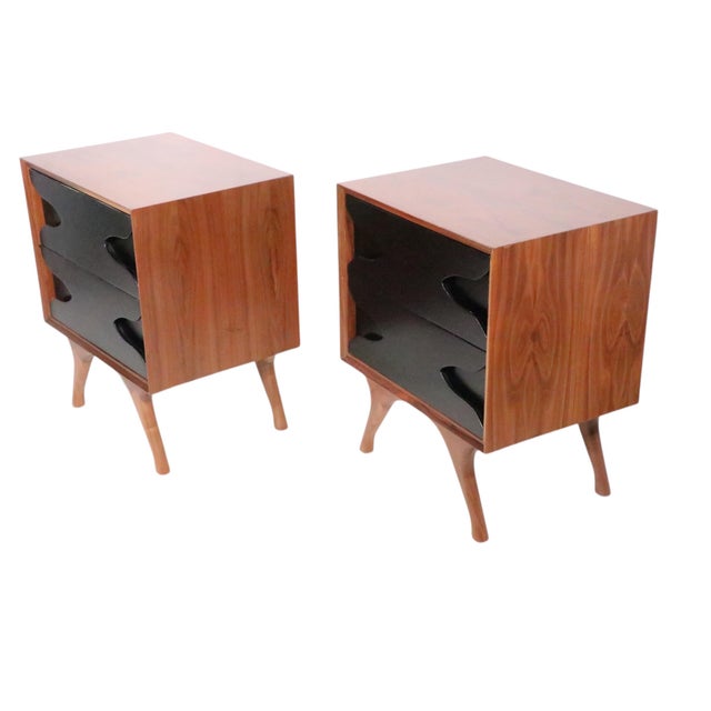 Pair of stylish mid century nightstands, newly completely refinished, clean and ready to use condition. The exterior is...
