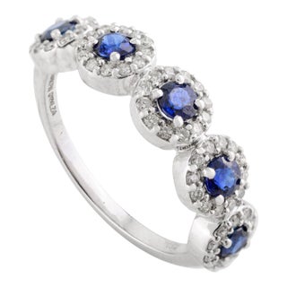 5 Round Cut Blue Sapphire Halo Diamond Ring Size 6.5 For Sale