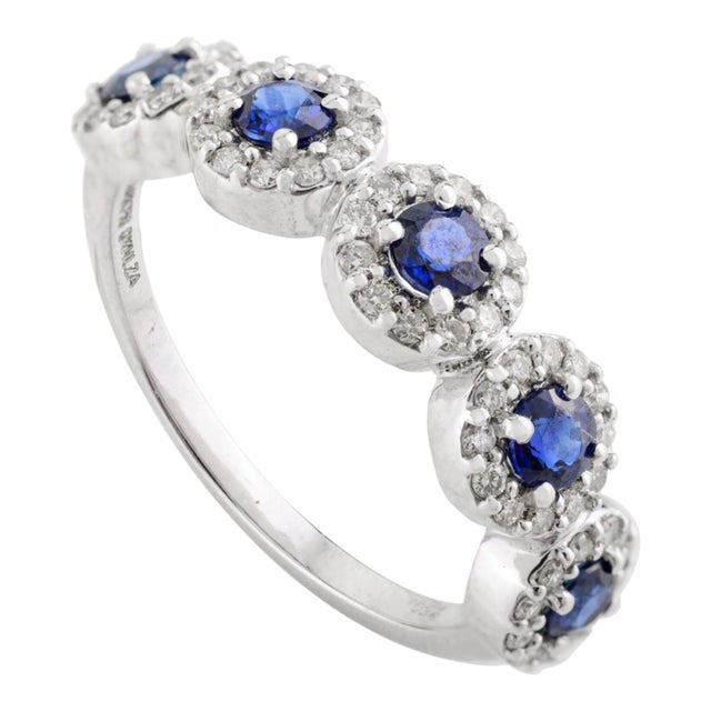 5 Round Cut Blue Sapphire Halo Diamond Ring Size 6.5 For Sale