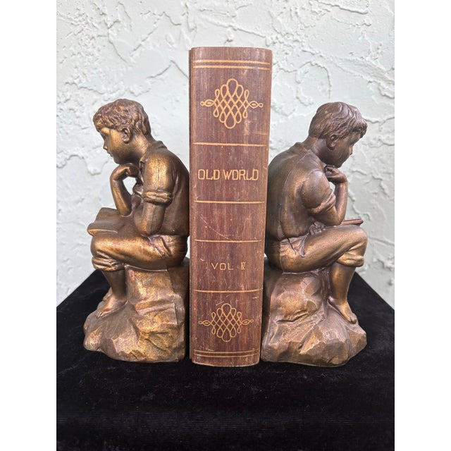 Art Deco Vintage Bronze-Tone Seated Boy Figural Bookends, Art Deco Style, C. 1920s–1930s (Pair) For Sale - Image 3 of 9