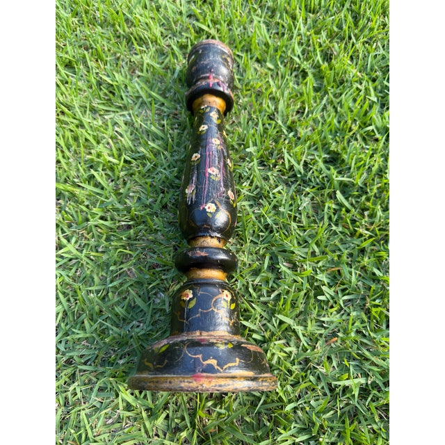 Vintage Hand-Painted Floral Folk Art Candlestick Sculpture For Sale - Image 9 of 12