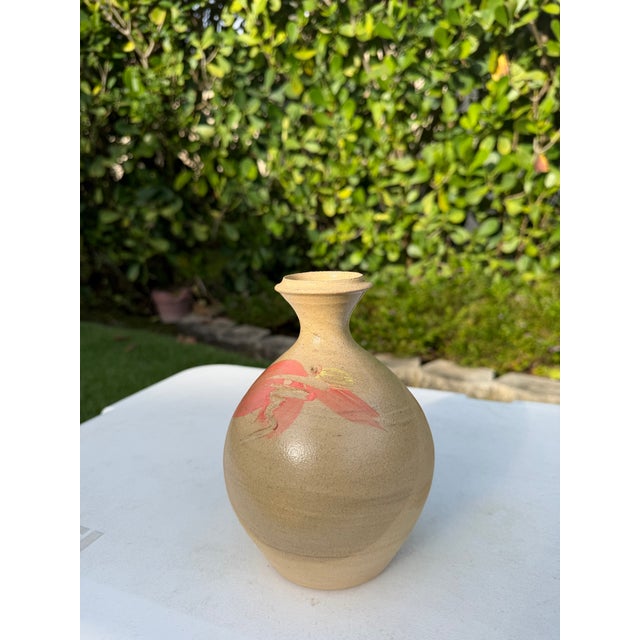 Contemporary Handcrafted 7” Studio Pottery Bottle Vase With Coral Brushwork, Signed For Sale - Image 3 of 11
