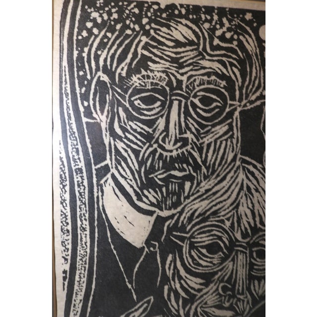 Vintage Original Homage to Dona Figural Stylized Lewis 82' Block Print Portrait For Sale - Image 9 of 11