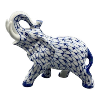 Vintage Herend Style MCM Andrea by Sadek Fishnet Elephant in Blue Figurine For Sale