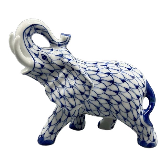 Vintage Herend Style MCM Andrea by Sadek Fishnet Elephant in Blue Figurine For Sale