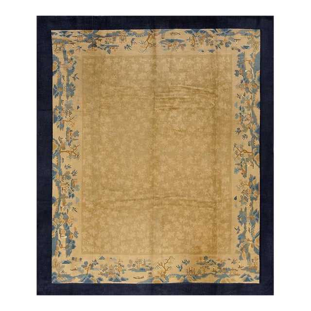1920s Traditional Beige Field Landscape Scene Deco Antique Peking Chinese Rug For Sale