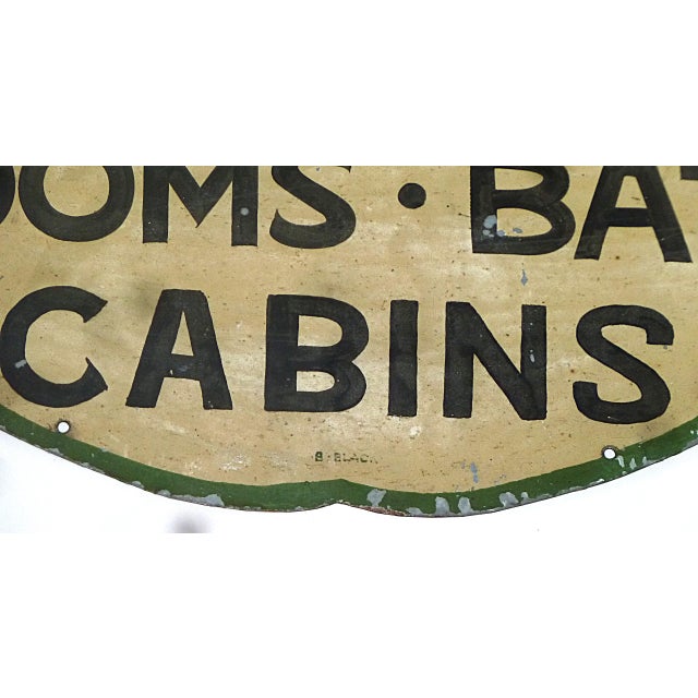 Cabin 1930s Tourists Rooms Bath Cabins Double-Sided Painted Metal Sign 30” X 17.5” For Sale - Image 3 of 8