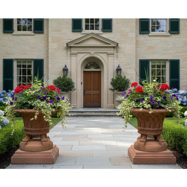 Pair of Large 31" Basket Weave Stone Urn Planters With Lion Paw Feet For Sale - Image 11 of 11