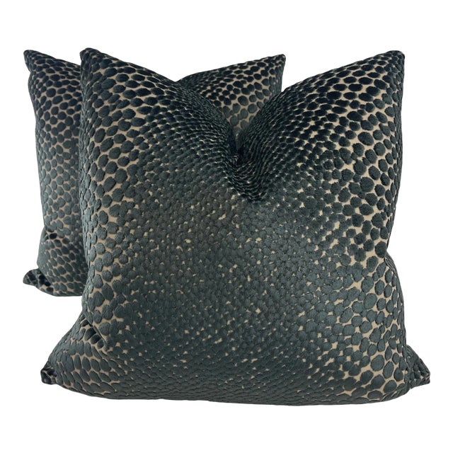Dot Cut Velvet in Navy 22" Pillows-A Pair For Sale