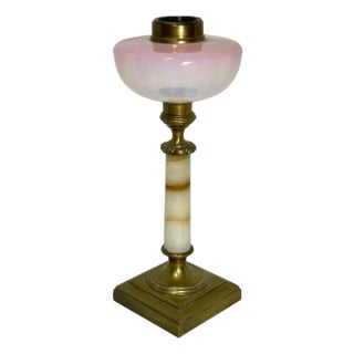 Victorian Oil Lamp: Onyx & Brass Base with Iridescent Art Glass, c. 1870 For Sale