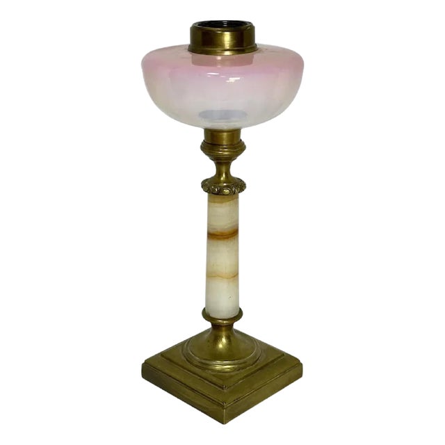 Victorian Oil Lamp: Onyx & Brass Base with Iridescent Art Glass, c. 1870 For Sale