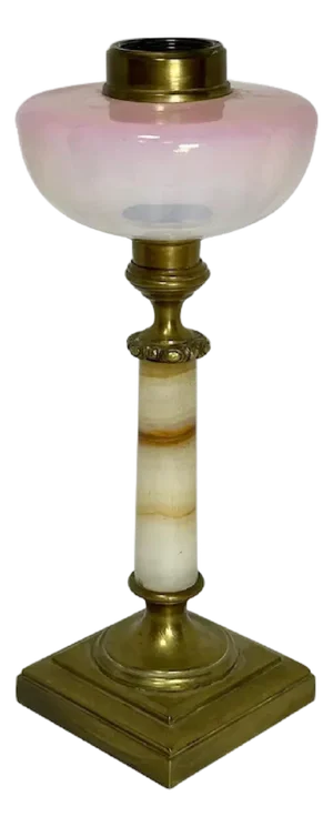 Victorian Oil Lamp: Onyx & Brass Base with Iridescent Art Glass, c. 1870