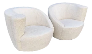 Vintage Vladimir Kagan Nautilus Swivel Lounge Chairs Boucle Fabric - Pair