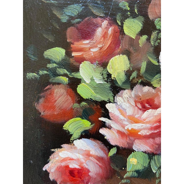Peter Brooks, Still Life of a Vase of Pink Roses, 1960s, Oil Painting on Board For Sale - Image 7 of 13