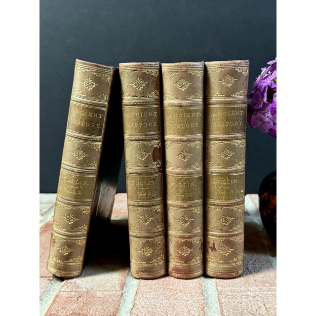 Antique Leather Wrapped Books, ‘Ancient History’ From Rollin & Other Authentic Sources - 4 Volume Set For Sale - Image 4 of 12