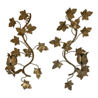 Vintage Italian Gilt Metal Wall Candle Sconces With Leaf Design - a Pair For Sale