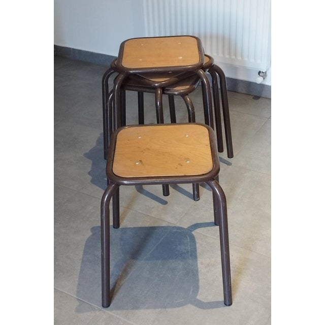 Wood Vintage Industrial Stackable Bar Stools from Mullca, France, 1950s, Set of 4 For Sale - Image 7 of 18
