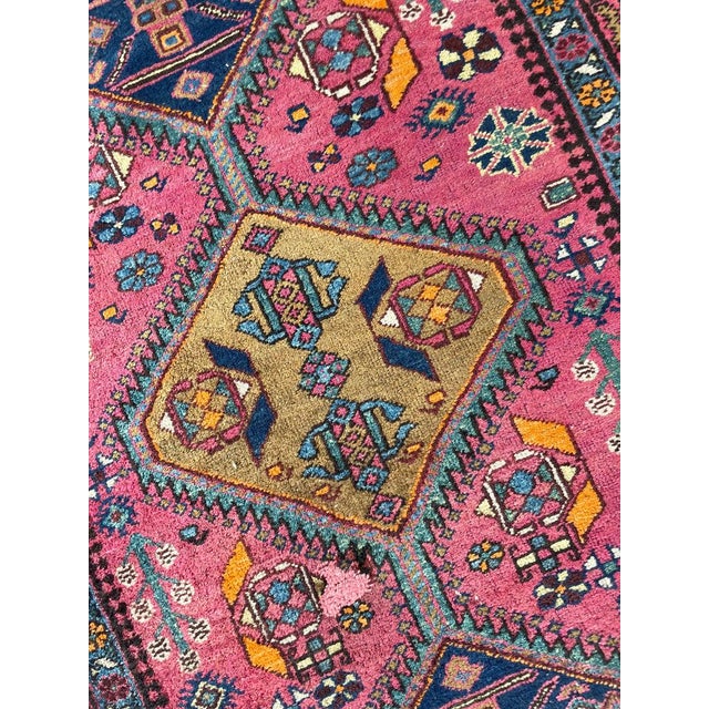 Antique Heriz Runner in Pink, Peacock Teal, Cantaloup, & Dirty Olive Rug 3.3 x 14 For Sale - Image 9 of 14