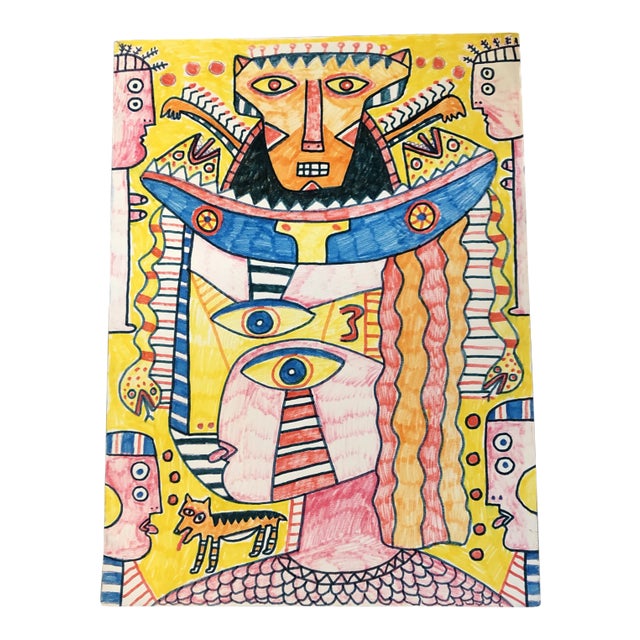 Original Vintage Outsider Art 1990’s “The King of Babylon” Colored Marker Drawing For Sale