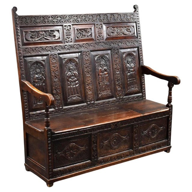Brown Antique Carved Oak Bench, 1780 For Sale - Image 8 of 8