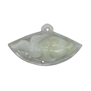 Detail Chinese Hand Carved Natural Jade Fish on Fan Lucky Feng Shui Pendant