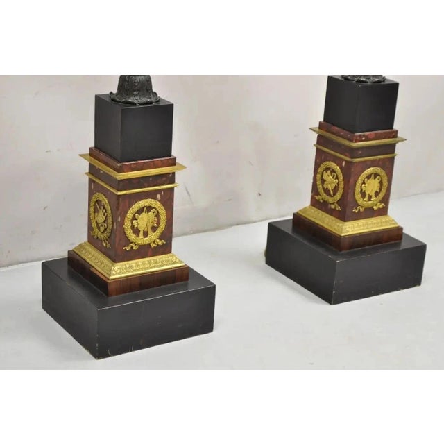 Late 19th Century Late 19th Century French Empire Tall Bronze & Marble Lighted Candelabra Torchiere Floor Lamps - a Pair For Sale - Image 5 of 18