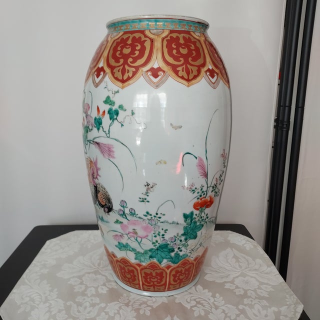 Vintage Large Chinoiserie Vase Hand Painted Rooster Hen Floral Gilded 16" Tall Signed For Sale - Image 17 of 18