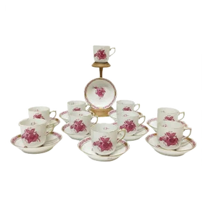 Chinese Bouquet Raspberry Porcelain Cups and Saucers from Herend Hungary, Set of 20