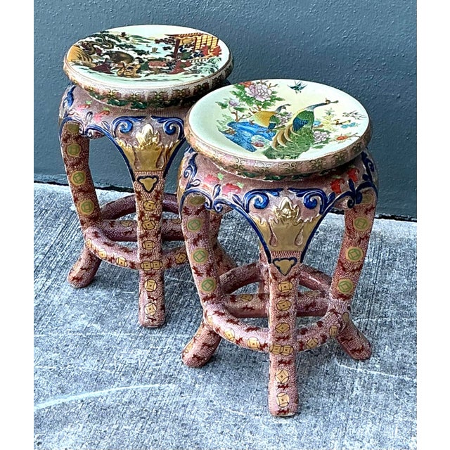 Vintage Asian Glazed Ceramic Low Stools - A Pair For Sale In West Palm - Image 6 of 12