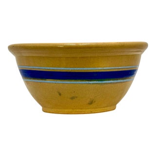 Antique Thick Yellow Ware 12 Inch Kitchen Mixing Bowl With Unusual 2 Color Blue Banded Decoration - Late 1800s. For Sale