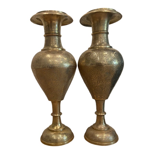 1940s Etched Indian Brass Vase Set (2) For Sale