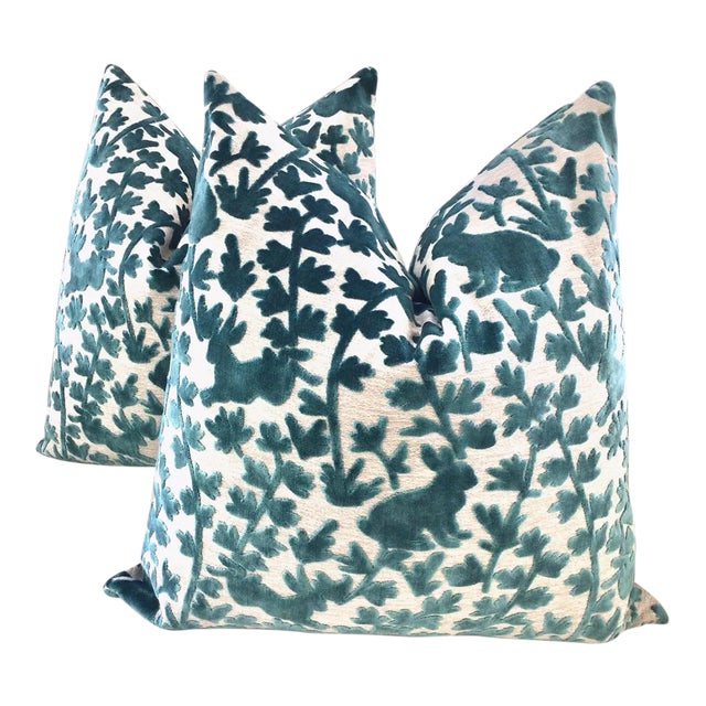 Raised Velvet "Love Bunnies" in Azure Pillows- a Pair For Sale