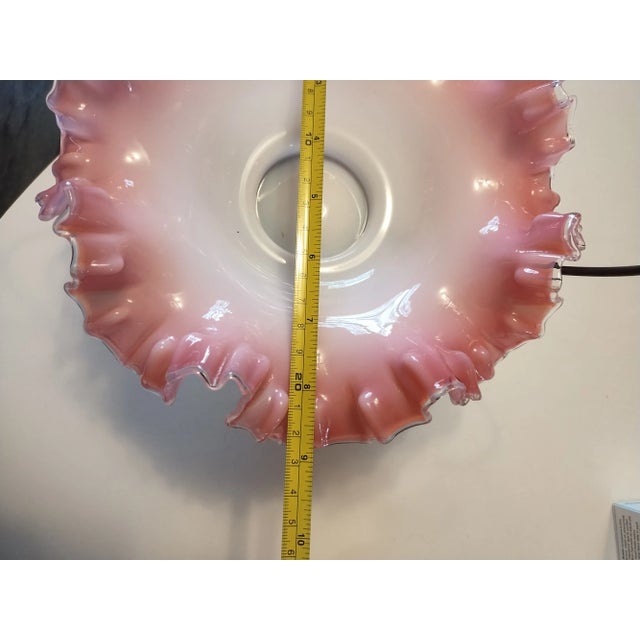 Glass Early 19th Century Antique Victorian Bridal Basket Pink Art Glass Ruffled Fenton Style Bride’s Basket Blown Glass Bowl in Pink For Sale - Image 7 of 8