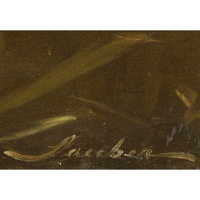 Splendid, larger-than-life painting by English artist Robert Sauber, depicting Lancelot and Guinevere kissing on the banks...