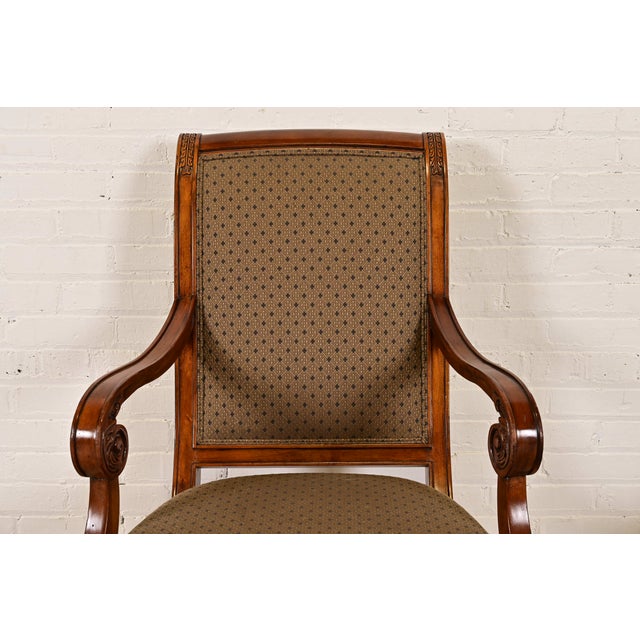 Ethan Allen French Regency Louis XVI Carved Cherry Wood Upholstered Armchairs, Pair For Sale In South Bend - Image 6 of 11