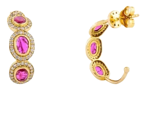 Genuine Ruby Diamond Halo C-Hoops Wedding Earrings- a Pair