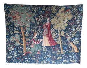 French Medieval Style Tapestry with Romance Scene and Mille-Fleurs from Abusson